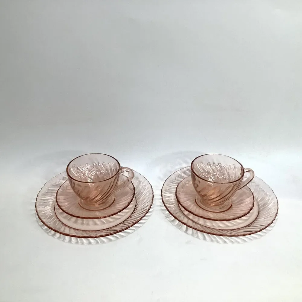 Set of 2 Arcoroc France Rosaline Pink Glass Swirl Cup Saucers and Plates Vintage